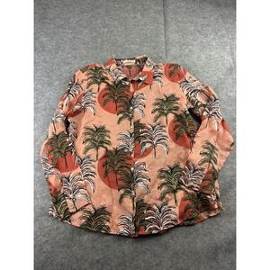 Nicole Miller Women's M 100% Flax Linen Shirt Tropical Palm Tree Resort Boho